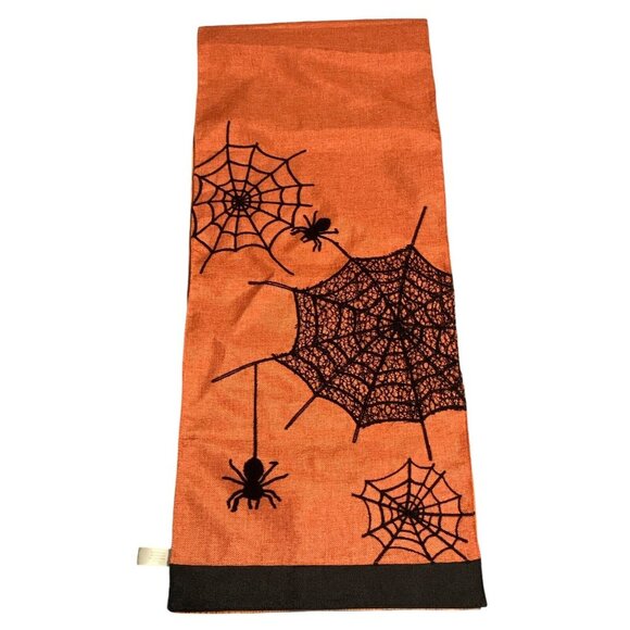 Hallow’s Eve 70” X 14” Orange And Black Table Runner with Spider Web And Spiders - Picture 2 of 5